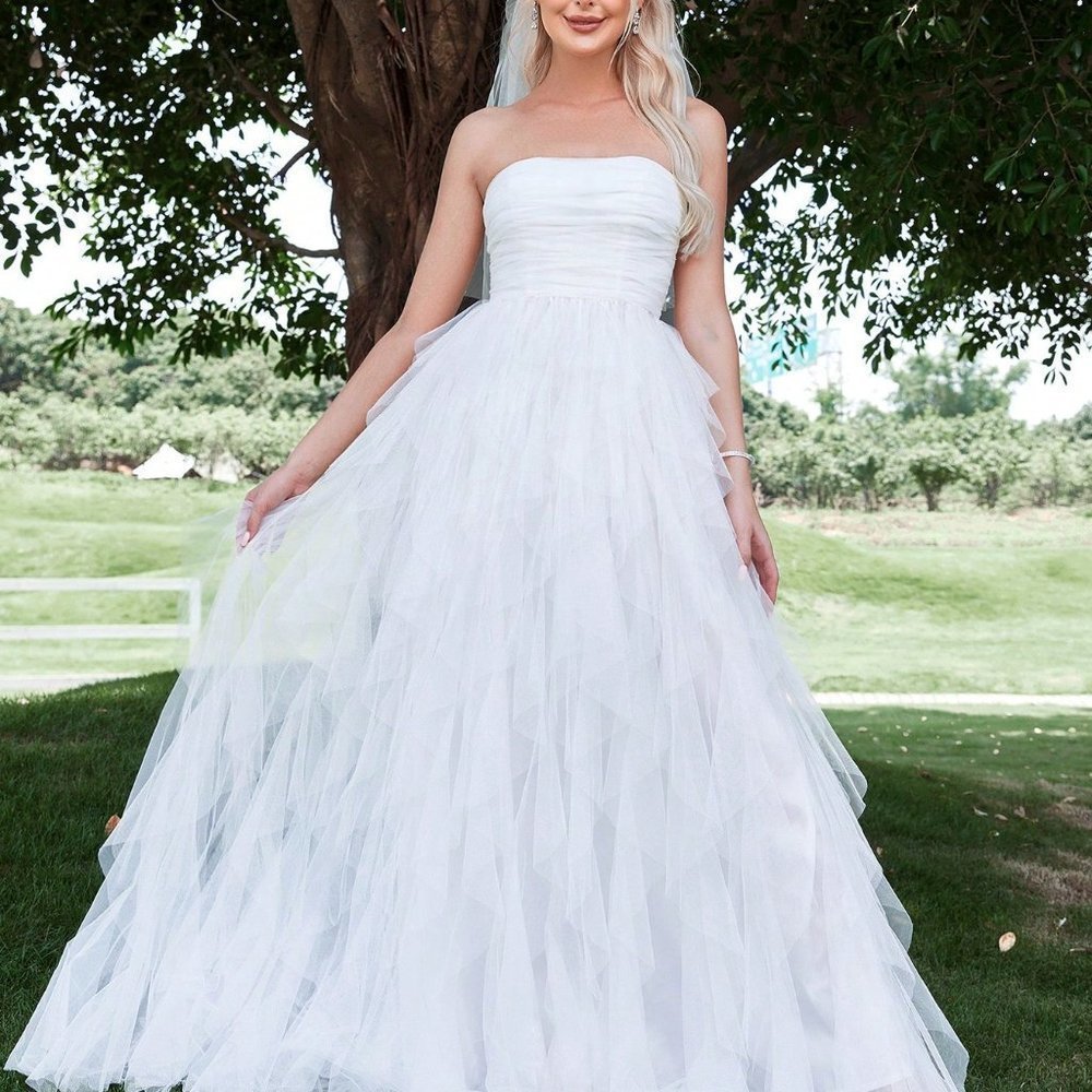 White Preppy Womens Solid Ruched Tube Wedding Dress